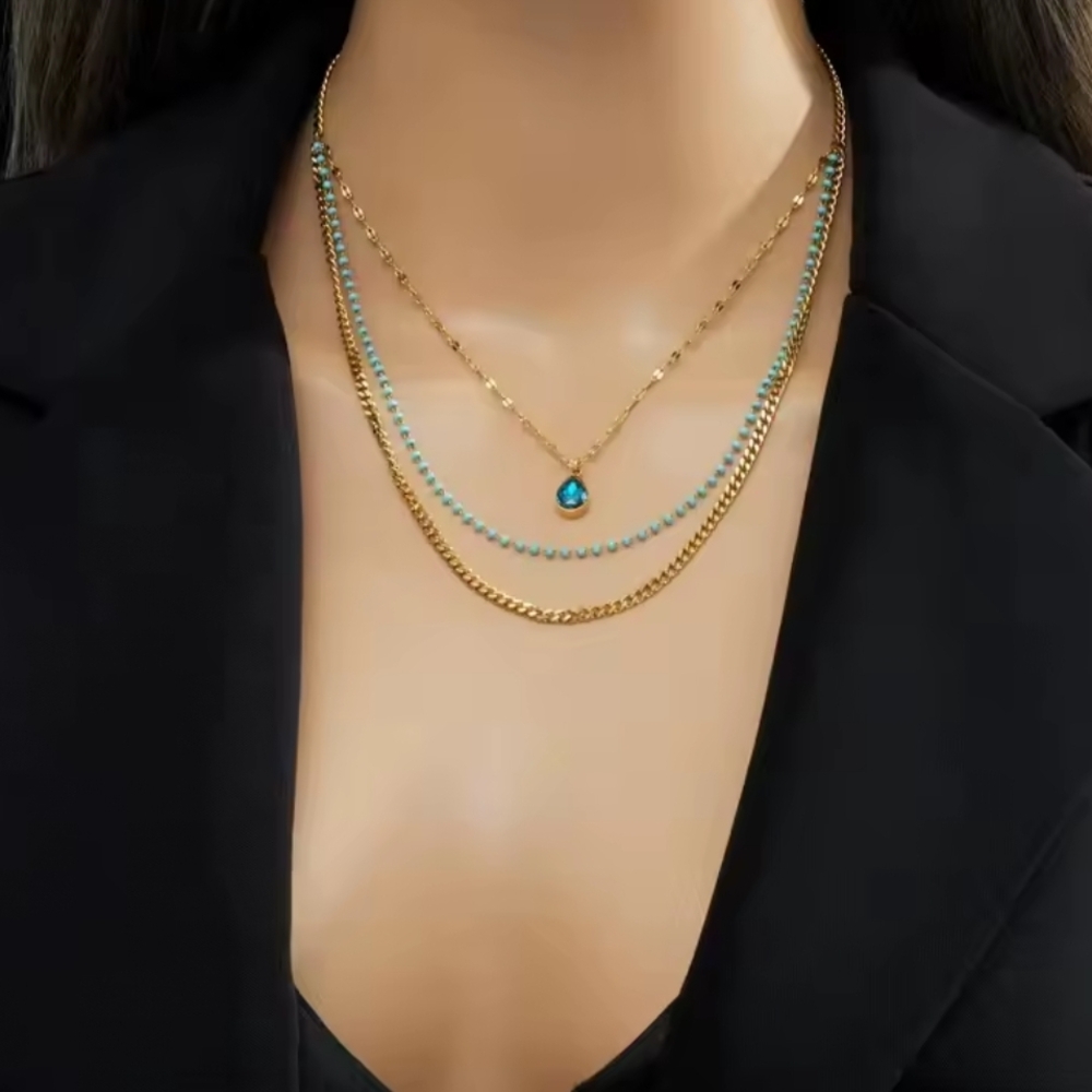 18 KT Gold Over Titanium Turquoise Layered Necklace - Picture 2 of 2